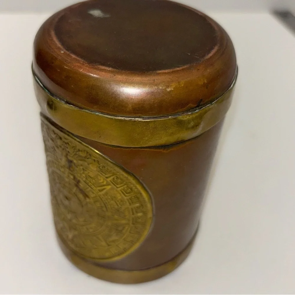 Vintage souvenir copper & brass Mayan Aztec sun god Mexican mug - Picture 6 of 8